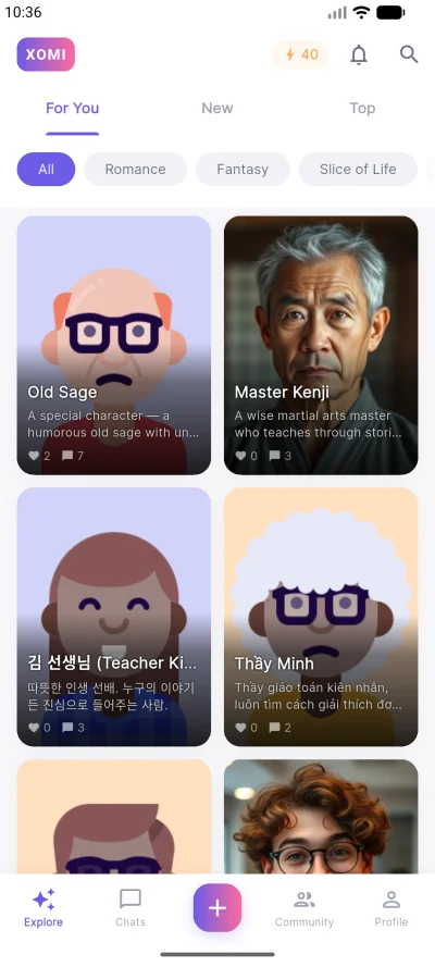 XOMI home screen showing AI characters